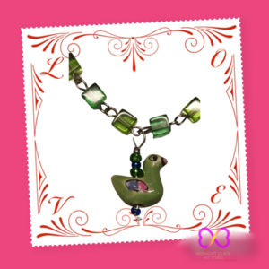 Χειροποίητο πράσινο βραχιόλι με γυάλινες χάντρες και κεραμική κινέζικη πάπια - γυαλί, χάντρες, ατσάλι, ζευγάρια - 2