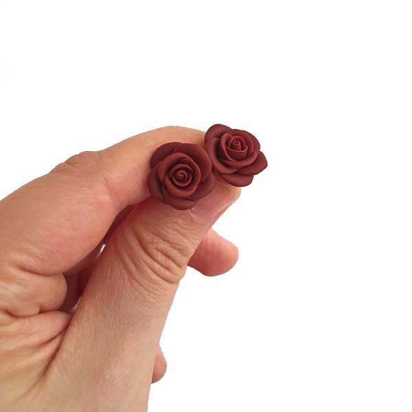 Καρφωτά σκουλαρίκια τριαντάφυλλα - τριαντάφυλλο, πηλός, λουλούδι, μικρά, ατσάλι - 3