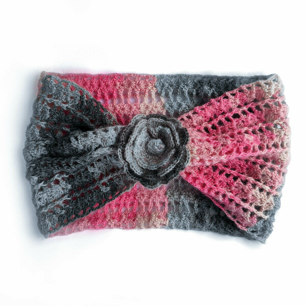 Γυναικείος Λαιμός Με Κούμπωμα Λουλούδι Ροζ - Γκρι - Ζαχαρί (Ακρυλικό Μαλλί | 70cm x 20cm) - μαλλί, ακρυλικό, λαιμοί, δώρα για γυναίκες - 2