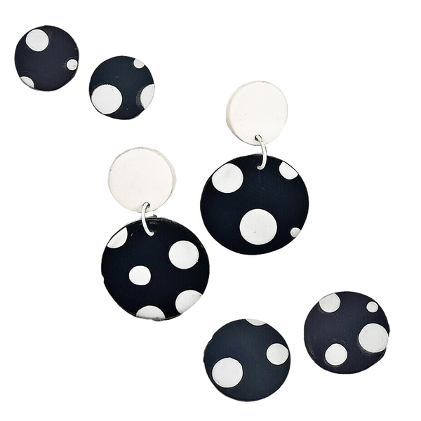 Καρφωτό σκουλαρίκι από πολυμερικό πηλό πουά μαύρο-λευκό (Polka Dots) σε 2 σχέδια - πουά, πηλός, ατσάλι