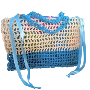 Ψάθινη δίχρωμη πλεκτή τσάντα με εσωτερικό υφασμάτινο πουγκί (32x22x7) - ψάθα, all day, χειρός, tote
