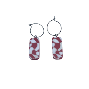 “Pink & White Tiles” Earrings - Χειροποίητα σκουλαρίκια από πηλό ζωγραφισμένα στο χέρι (3 εκ. μήκος, ανοξείδωτο υποαλλεργικό ατσάλι, πηλός, ορθογώνια) - πηλός, μικρά, γάντζος