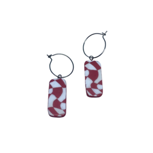 “Pink & White Tiles” Earrings - Χειροποίητα σκουλαρίκια από πηλό ζωγραφισμένα στο χέρι (3 εκ. μήκος, ανοξείδωτο υποαλλεργικό ατσάλι, πηλός, ορθογώνια) - πηλός, μικρά, γάντζος - 2
