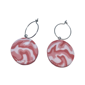 “Pink Military” Earrings - Χειροποίητα σκουλαρίκια από πηλό ζωγραφισμένα στο χέρι (3 εκ. διάμετρος, ανοξείδωτο υποαλλεργικό ατσάλι, πηλός, στρογγυλά) - πηλός, μικρά - 2