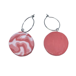 “Pink Military” Earrings - Χειροποίητα σκουλαρίκια από πηλό ζωγραφισμένα στο χέρι (3 εκ. διάμετρος, ανοξείδωτο υποαλλεργικό ατσάλι, πηλός, στρογγυλά) - πηλός, μικρά - 3