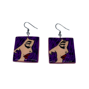 “Purple-Haired Girl” Earrings - Χειροποίητα σκουλαρίκια από πηλό ζωγραφισμένα στο χέρι (3 εκ. μήκος, ανοξείδωτο υποαλλεργικό ατσάλι, πηλός, τετράγωνα) - πηλός, μεγάλα, γάντζος