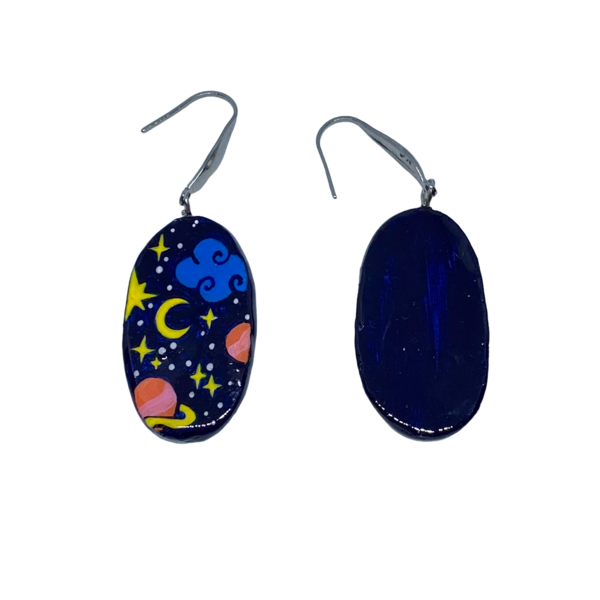 “Galaxy” Earrings - Χειροποίητα σκουλαρίκια από πηλό ζωγραφισμένα στο χέρι (3 εκ. μήκος, ανοξείδωτο υποαλλεργικό ατσάλι, πηλός, οβάλ) - πηλός, μικρά, γάντζος - 3
