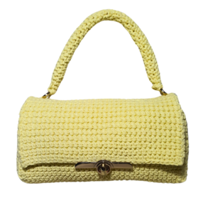 Πλεκτή τσάντα χειρός με χρυσές λεπτομέρειες χρώματος κίτρινο και διαστάσεις 14x5x25 - νήμα, μεγάλες, all day, χειρός, πλεκτές τσάντες