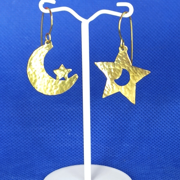 Σκουλαρίκια χειροποίητα φεγγάρι - αστέρι - ορείχαλκος, φεγγάρι, μικρά, γάντζος - 2