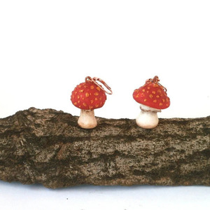 Μανιτάρια σκουλαρίκια κόκκινα από πολυμερή πηλό - πλαστικό, πηλός, γάντζος - 2