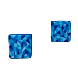 “Blue Tiles” Earrings - Χειροποίητα σκουλαρίκια από πηλό ζωγραφισμένα στο χέρι (2 εκ. μήκος, ανοξείδωτο υποαλλεργικό ατσάλι, πηλός, τετράγωνα) - πηλός, μικρά