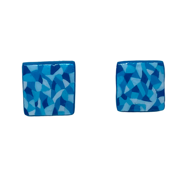 “Blue Tiles” Earrings - Χειροποίητα σκουλαρίκια από πηλό ζωγραφισμένα στο χέρι (2 εκ. μήκος, ανοξείδωτο υποαλλεργικό ατσάλι, πηλός, τετράγωνα) - πηλός, μικρά - 2