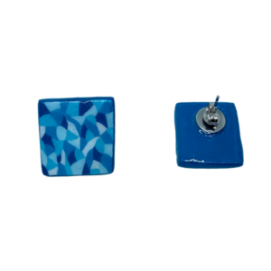 “Blue Tiles” Earrings - Χειροποίητα σκουλαρίκια από πηλό ζωγραφισμένα στο χέρι (2 εκ. μήκος, ανοξείδωτο υποαλλεργικό ατσάλι, πηλός, τετράγωνα) - πηλός, μικρά - 3