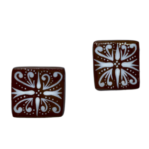 “Brown Mosaic” Earrings - Χειροποίητα σκουλαρίκια από πηλό ζωγραφισμένα στο χέρι (2,5 εκ. μήκος, ανοξείδωτο υποαλλεργικό ατσάλι, πηλός, τετράγωνα) - πηλός, μικρά