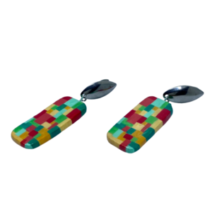 “Rainbow Tiles” Earrings - Χειροποίητα σκουλαρίκια από πηλό ζωγραφισμένα στο χέρι (3 εκ. μήκος, ανοξείδωτο υποαλλεργικό ατσάλι, πηλός, ορθογώνια) - πηλός, μακριά, μεγάλα - 3