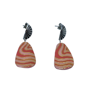 “Pink, Salmon Orange & Gold” Earrings - Χειροποίητα σκουλαρίκια από πηλό ζωγραφισμένα στο χέρι (1 εκ. διάμετρος, ανοξείδωτο υποαλλεργικό ατσάλι, πηλός, οβάλ) - πηλός, μεγάλα