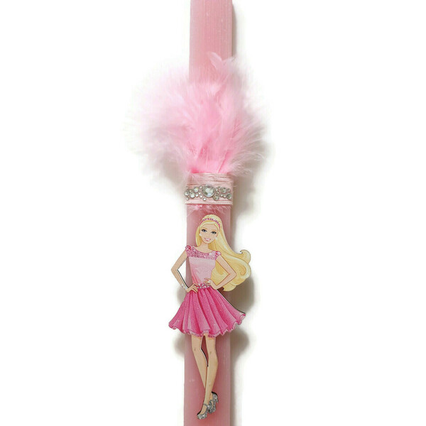 Χειροποίητη αρωματική ροζ λαμπάδα με ξύλινη φιγούρα την Barbie , 30 εκατοστά - κορίτσι, λαμπάδες, για παιδιά, για εφήβους, για μωρά - 2