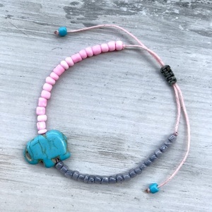 Βραχιόλι με Ελεφαντάκι Γαλάζιο Χαολίτη 02 ροζέ γκρι χάντρες μέγεθος αυξομειούμενο - ημιπολύτιμες πέτρες, ελεφαντάκι, boho, χεριού, αυξομειούμενα - 3