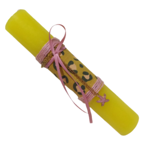 Λαμπάδα αρωματική στρογγυλή κίτρινη με μενταγιόν ατσάλινη αλυσίδα με αστερία ροζ (20χ3,5 εκ.) - κορίτσι, λαμπάδες, για ενήλικες, για εφήβους