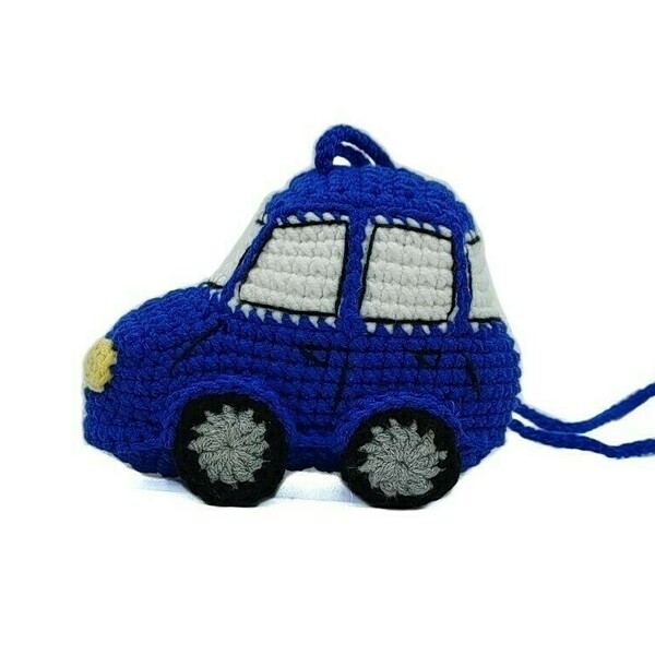 Πλεκτό αυτοκινητάκι- μπλε - λούτρινα, παιχνίδια, amigurumi, δώρο γέννησης, γούρια αυτοκινήτου