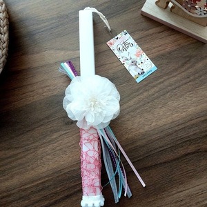 Χειροποίητη πασχαλινή λαμπάδα με λευκό υφασμάτινο λουλούδι - κορίτσι, λουλούδια, λαμπάδες, για παιδιά, για εφήβους - 2