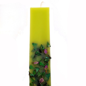 Χειροποίητη αρωματική λαμπάδα lime πλακέ με αποξηραμένα λουλούδια-Αντίγραφο - κορίτσι, λουλούδια, λαμπάδες, για ενήλικες, για εφήβους