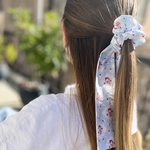 Retro roses scarf scrunchie - ύφασμα, τριαντάφυλλο, για τα μαλλιά, λαστιχάκια μαλλιών - 2