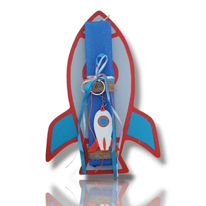 Πύραυλος- Χειροποίητη Πασχαλινή Αρωματική λαμπάδα 26 εκ με ξύλινη πλάτη πύραυλος - αγόρι, λαμπάδες, για παιδιά, πύραυλοι - 2