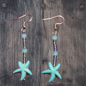 Handmade earrings sea stars - γυαλί, χάντρες, ατσάλι, μεγάλα, γάντζος - 2