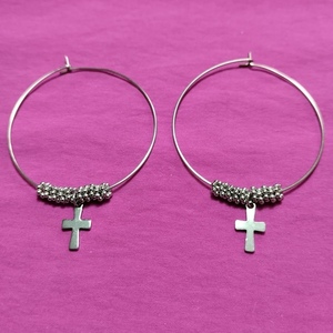 Handmade earrings stainless steel - γυαλί, σταυρός, χάντρες, ατσάλι, μεγάλα - 4