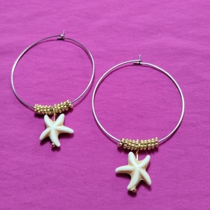 Handmade earrings stainless steel, sea stars - ημιπολύτιμες πέτρες, γυαλί, χάντρες, ατσάλι, μεγάλα - 3