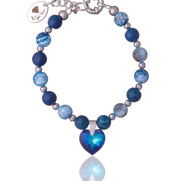 Βραχιόλι με Μπλε Αχάτη και Κρυστάλλινη Καρδιά | The Gem Stories Jewelry - ασήμι, ημιπολύτιμες πέτρες, επιχρυσωμένα, καρδιά, χεριού