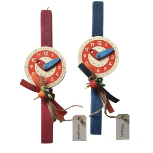Λαμπάδα με ξύλινο ρολόι εκμάθησης με όνομα (διάμετρος 10 εκ.) κόκκινη ή μπλε - λαμπάδες, για παιδιά, προσωποποιημένα