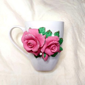 Κούπα με τριαντάφυλλα από πολυμερικό πηλό - τριαντάφυλλο, πορσελάνη, πολυμερικό πηλό - 2