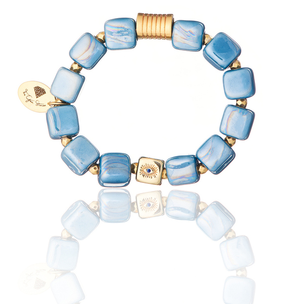 Κεραμικό Βραχιόλι σε Ανοιχτό Μπλε με Στοιχείο Κύβο| The Gem Stories Jewelry - ασήμι, ημιπολύτιμες πέτρες, επιχρυσωμένα, χεριού, αυξομειούμενα