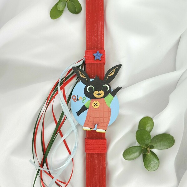 Χειροποίητη αρωματική κόκκινη λαμπάδα με ξύλινη φιγούρα Bing κουνελάκι, 30 εκατοστά - λαμπάδες, για παιδιά, ήρωες κινουμένων σχεδίων, για μωρά - 3