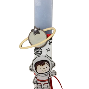 Λαμπάδα με πλανήτη και αστροναύτη - μαγνητάκι διακοσμημένη με ύφασμα color me και διάφορες κορδέλες - αγόρι, λαμπάδες, για παιδιά - 3