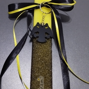 Κιτρινόμαυρη αρωματική πλακέ Λαμπάδα 35εκ, με μαύρο δικέφαλο - λαμπάδες, για παιδιά, για ενήλικες, για εφήβους, σπορ και ομάδες - 2