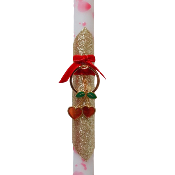 Πασχαλινή λαμπάδα με πιτσιλωτό, στρογγυλό κερί ύψους 29 εκ. στολισμένη με κεράσια / μπρελόκ - κορίτσι, λαμπάδες, για παιδιά