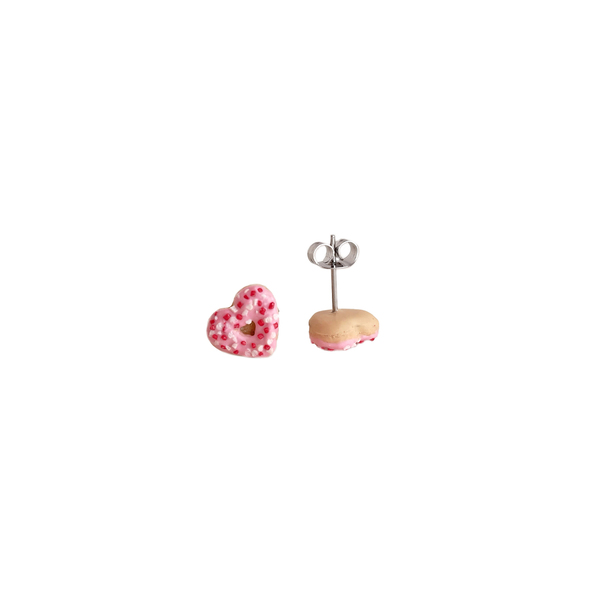 Ροζ σκουλαρίκια donut καρδιές - καρδιά, πηλός, μικρά, ατσάλι, boho - 3