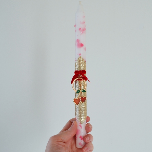 Πασχαλινή λαμπάδα με πιτσιλωτό, στρογγυλό κερί ύψους 29 εκ. στολισμένη με κεράσια / μπρελόκ - κορίτσι, λαμπάδες, για παιδιά - 4