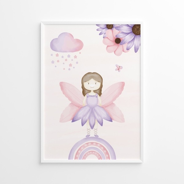 A4 Αφίσα | Θεματικό Πόστερ | νεράιδα, λουλούδια, ουράνιο τόξο, σύννεφα, μωβ | Πόστερ Ελληνικά | Πόστερ για παιδικό δωμάτιο | Κορίτσι - κορίτσι, αστέρι, λουλούδια, αφίσες