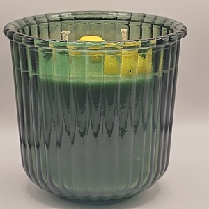 Χειροποίητο Αρωματικό Κερί 300γρμ σε γυάλινο βάζο ριγέ χρωματιστό 10εκ χ 10εκ πράσινο με άρωμα μάνγκο ανανά - αρωματικά κεριά - 2
