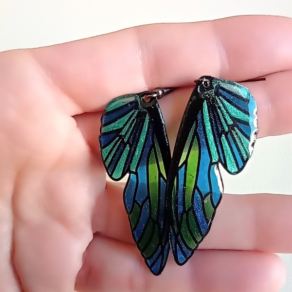Σκουλαρίκια φτερά πεταλούδας με υγρό γυαλί - γυαλί, κρεμαστά, μεγάλα, δώρα γενεθλίων, δώρα για γυναίκες - 5