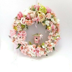 Ανοιξιάτικο στεφάνι με ροζ και άσπρα λουλούδια 45x9x45 - στεφάνια, λουλούδια