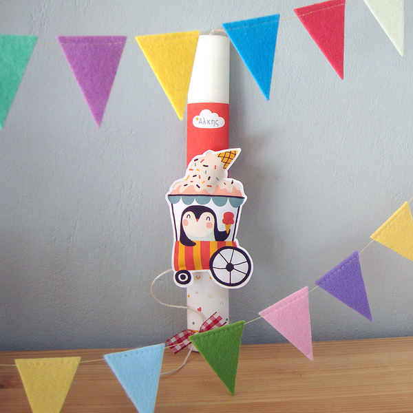 Λαμπάδα "Πιγκουίνος με παγωτό" με όνομα παιδιού 30εκ. - κορίτσι, λαμπάδες, για παιδιά, πρώτο Πάσχα - 3