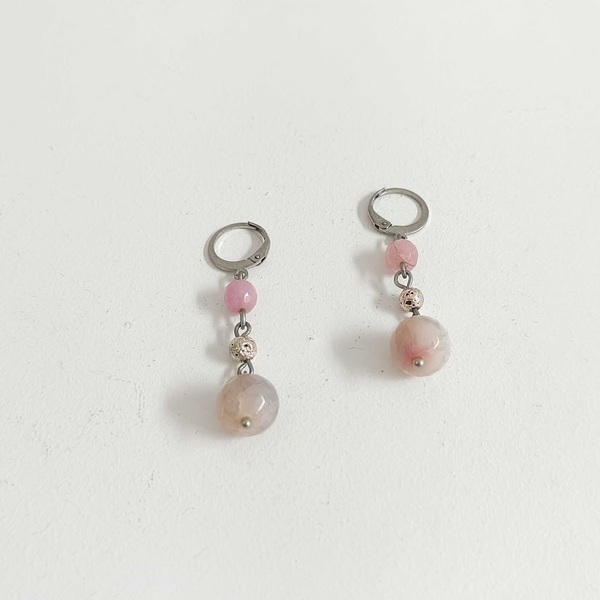 Κρεμαστά σκουλαρίκια με ροζ ημιπολύτιμους λίθους - ημιπολύτιμες πέτρες, επάργυρα, μικρά, ατσάλι, boho