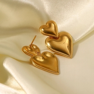 Double heart earrings - επιχρυσωμένα, ατσάλι, μεγάλα, καρφάκι