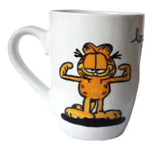 Κούπα πορσελάνης λευκή με χειροποίητο σχέδιο "Garfield" ζωγραφισμένο με πινέλο - ζωγραφισμένα στο χέρι, χειροποίητα, πορσελάνη, κούπες & φλυτζάνια, πρακτικό δωρο