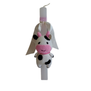 λαμπάδα με πλεκτό παιχνίδι αγελαδίτσα - κορίτσι, λαμπάδες, για παιδιά, ζωάκια, παιχνιδολαμπάδες - 2